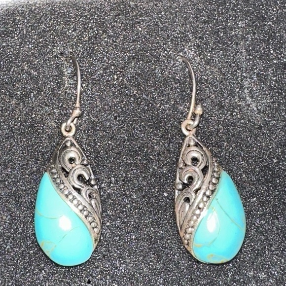 Sterling Silver & Turquoise Filagree Pierced Earrings - Pre-loved - Picture 5 of 5